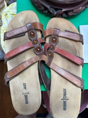 Minnetonka Brown and Tan Leather Multi-Strap Sandals with Amber Accents